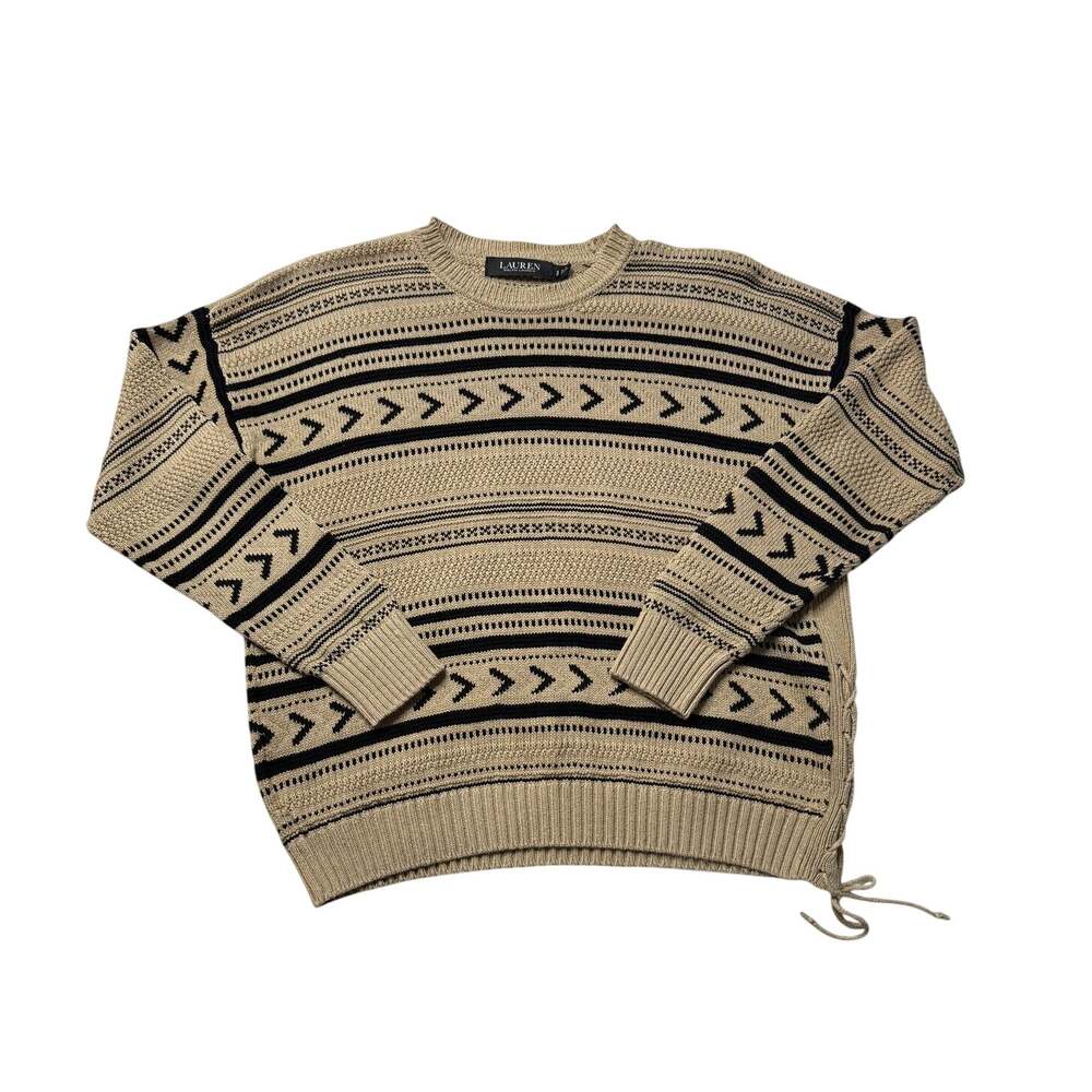 Lauren Ralph Lauren Aztec Jacquard Knit Sweater Linen Western Lace Up Tan Black - Picture 4 of 12